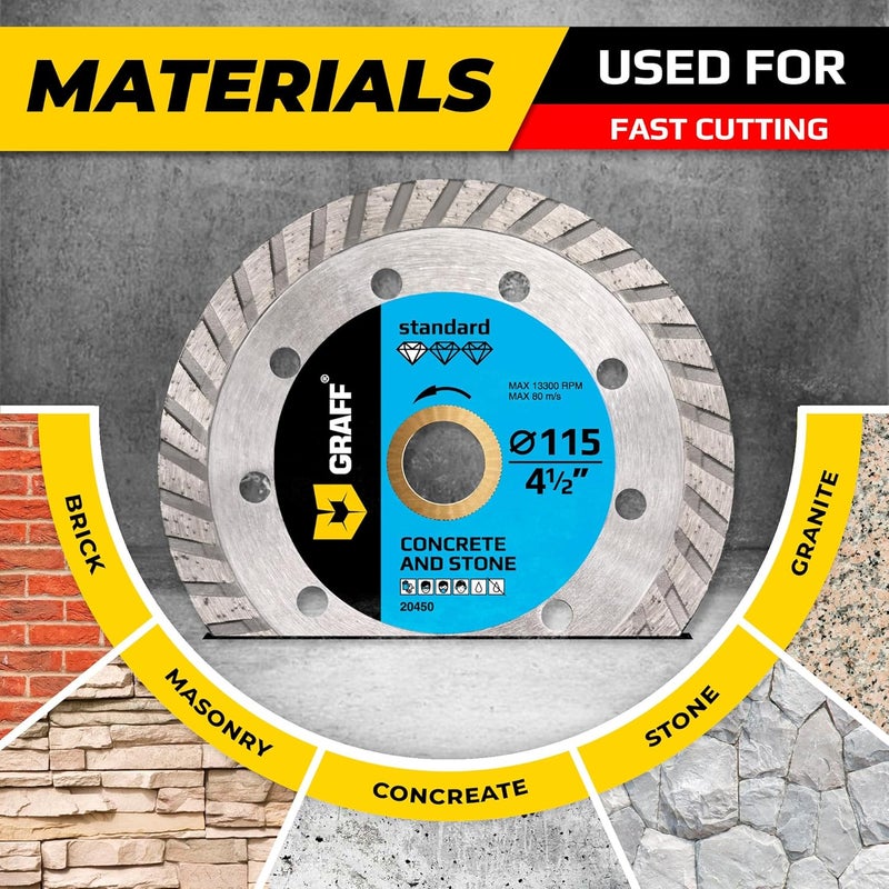 GRAFF 4 1/2 Inch Diamond Cutting Wheel for Angle Grinder Arbor 7/8"-5/8" – Turbo Diamond Blade for Stone, Marble, Granite, Brick, Masonry, Concrete – Diamond Saw Blades - Image 4